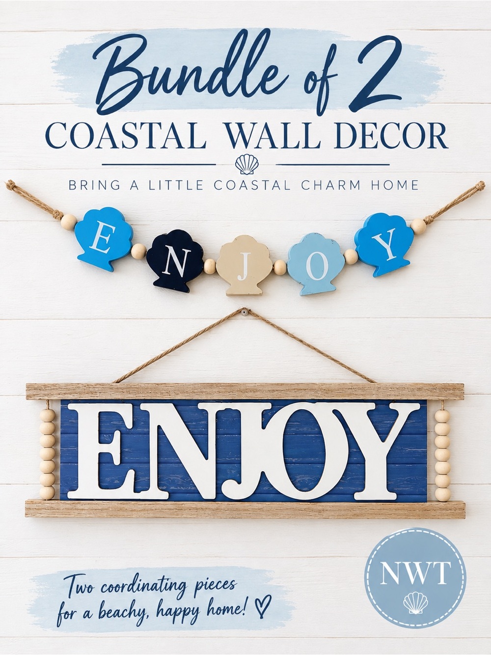 Coastal ENJOY Wall Decor 2pc Wood Sign Seashell Garland Beach Nautical NWT